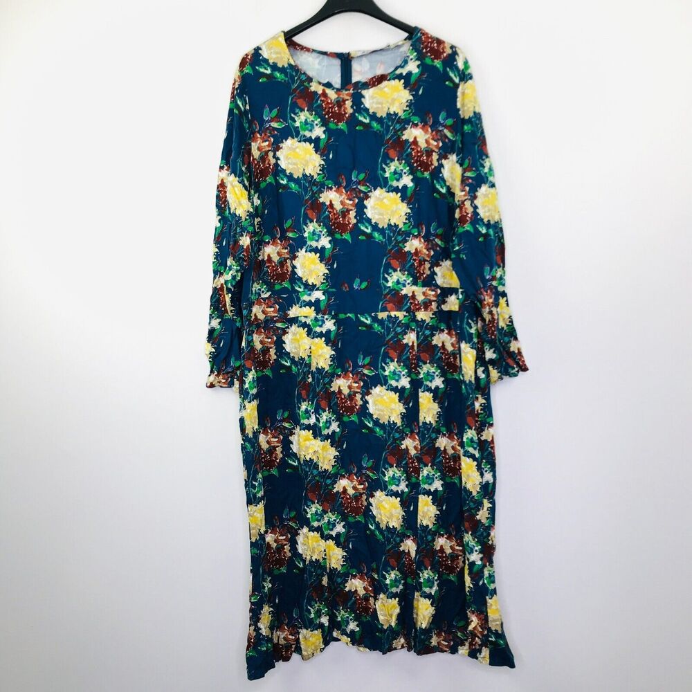 JustFab Women's 3X Dress Blue Floral Long Sleeve Midi A-Line Modest BX27